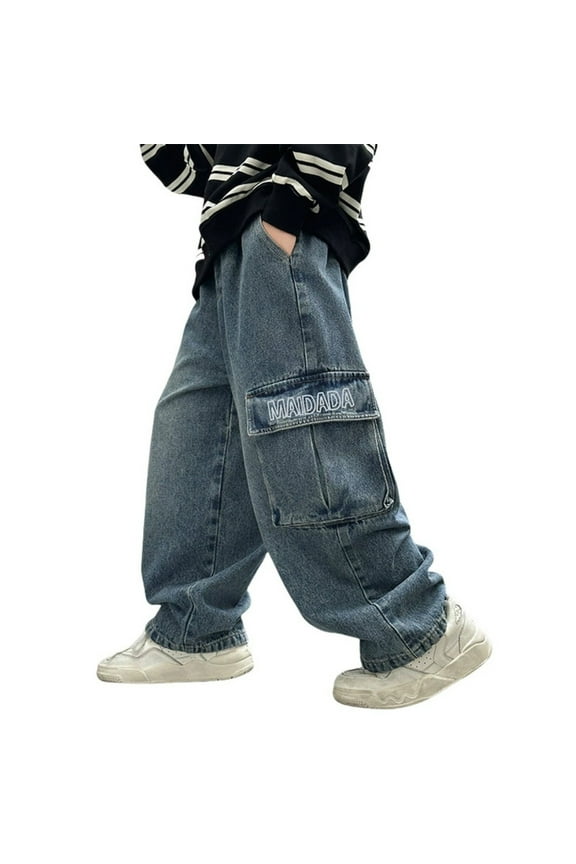 Boys Jeans Size 14 Boys Cargo Trousers Fully Elastic Waist Trousers for Children Regular Fit Age 4 12 Years Boys Jeans Size 8 Straight Leg Blue 4-5 Years