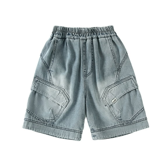 LUOGENLI Boys Jeans Size 6T 2025 Summer New Boys' Retro Distressed Denim Shorts Workwear Cargo Jean Shorts with Trendy Patchwork Tags Thin Fabric Casual PocketBoys' Shorts for Kids Blue 8-9 Years