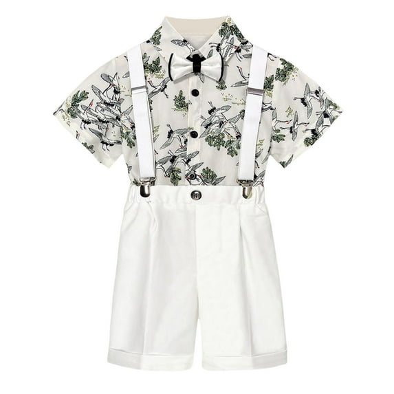 LUOGENLI Boys Suits Size 12 Kids Boys Summer Cartoon Printed Short Sleeved Shirt Solid Color Suspenders Shorts Bow Tie 4Pc Children Performance Suit Boys' Fashion Blue 5-6 Years