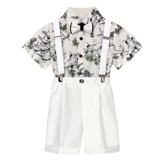 LUOGENLI Boys Suits Size 14 Kids Boys Summer Cartoon Printed Short Sleeved Shirt Solid Color Suspenders Shorts Bow Tie 4Pc Children Performance Suit Outfits For Boys Size 7 6-7 Years