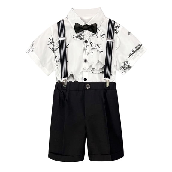LUOGENLI Boys Suits Size 8 Green Kids Boys Summer Cartoon Printed Short Sleeved Shirt Solid Color Suspenders Shorts Bow Tie 4Pc Children Performance Suit Boys Suits Size 6 For Graduation 2-3 Years