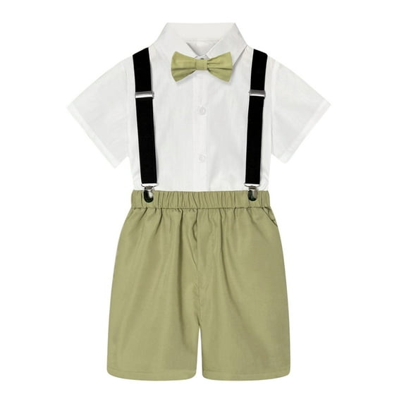 LUOGENLI Christening Outfits For Boys Gown Kids Boys Summer British Style Short Sleeved Shirt Suspenders Shorts Bow Tie 4Pc Children Performance Suit Big Boys Suits Size 18-20 6-7