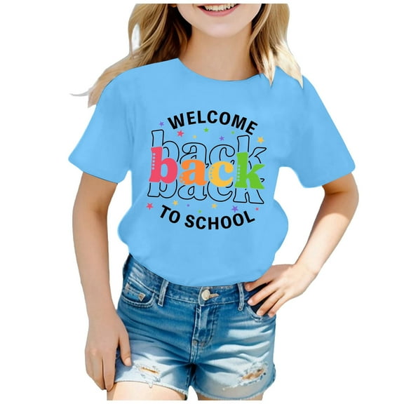 LUOGENLI Crop Tops for Girls 12-14 Kids' Back to School Graphic Short Sleeve Round Neck Tee Bright & Comfortable for Boys & Girls Crop Tops for Girls Light Blue 8-9 Years
