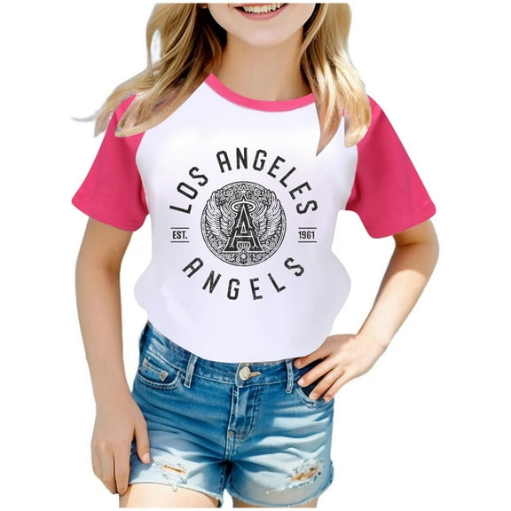 LUOGENLI Crop Tops for Girls 8-10 Boys and Girls Us City Print Raglan Short Sleeve T Shirt Girls Summer Tops Size 8-10 Tops for Girls 12-14 Years 4-5 Years