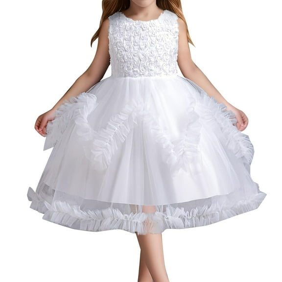 LUOGENLI Dress for Girls Children's Solid Color Irregular Mesh Lace Knee Length Wedding Dress Puffy Dress Princess Skirt Girls Easter Dresses 5T Summer Easter Dresses for Girls 4T White 4-5Y