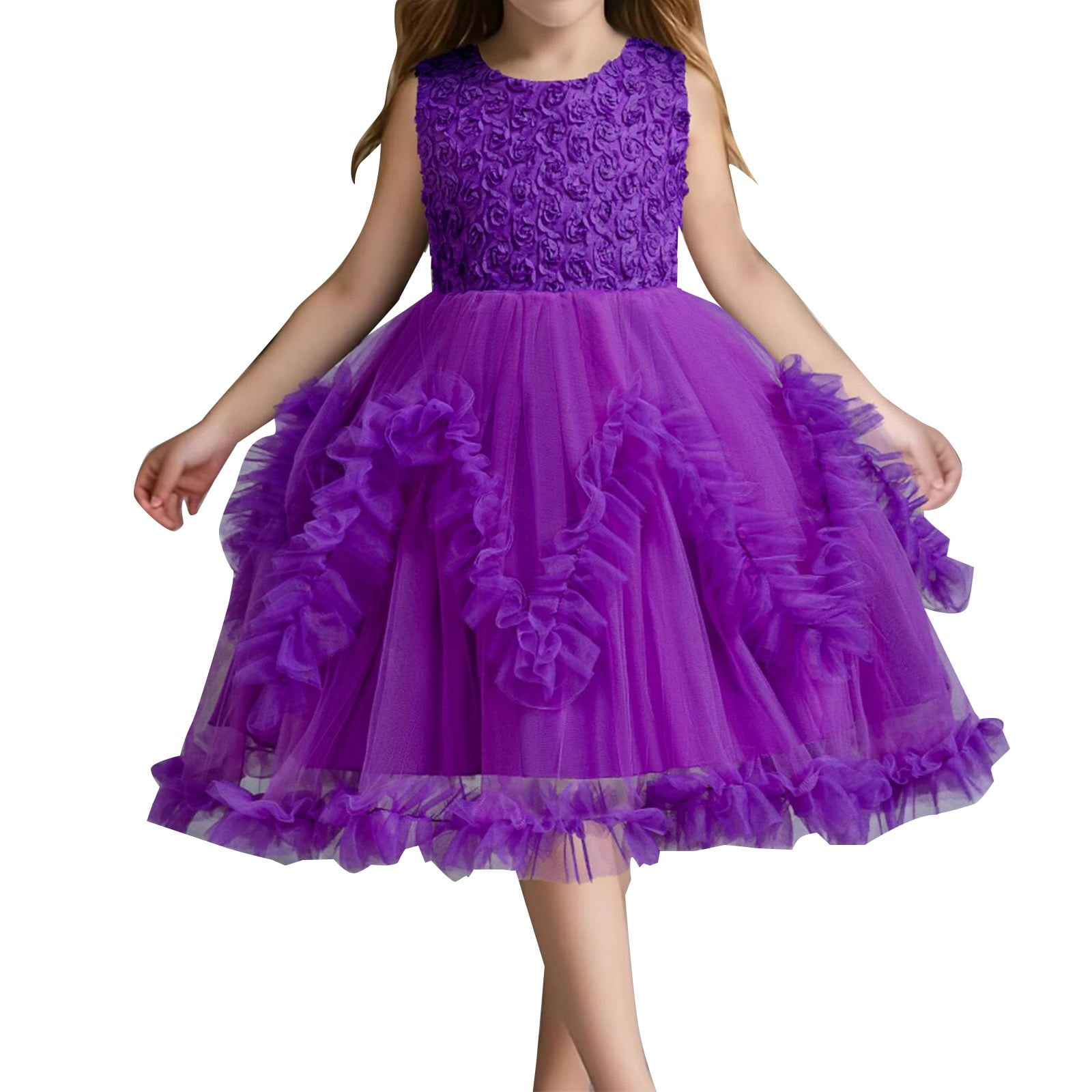 LUOGENLI Dress for Girls Children's Solid Color Irregular Mesh Lace Knee  Length Wedding Dress Puffy Dress Princess Skirt Girls Easter Dresses Size  10-12 Formal Purple 4-5Y