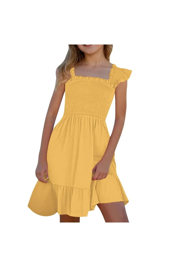 Dress for Girls Girls Summer Dresses Smocked Sleeveless with Pockets Girls Easter Dresses Size 5T Cute Summer Easter Dresses for Girls 10-12 Black Yellow 9-10 Years