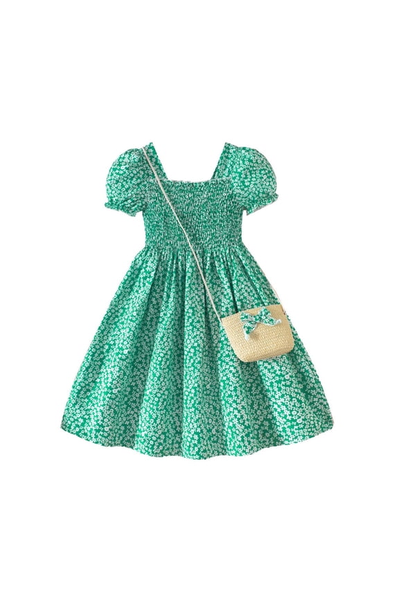 Dresses for Girls 10-12 Prom Summer Children's Dress Set for Girls and Boys Featuring A Ruffled Design with Floral Prints For. Comes with A Matching Bag. Green Size 8-9 Years