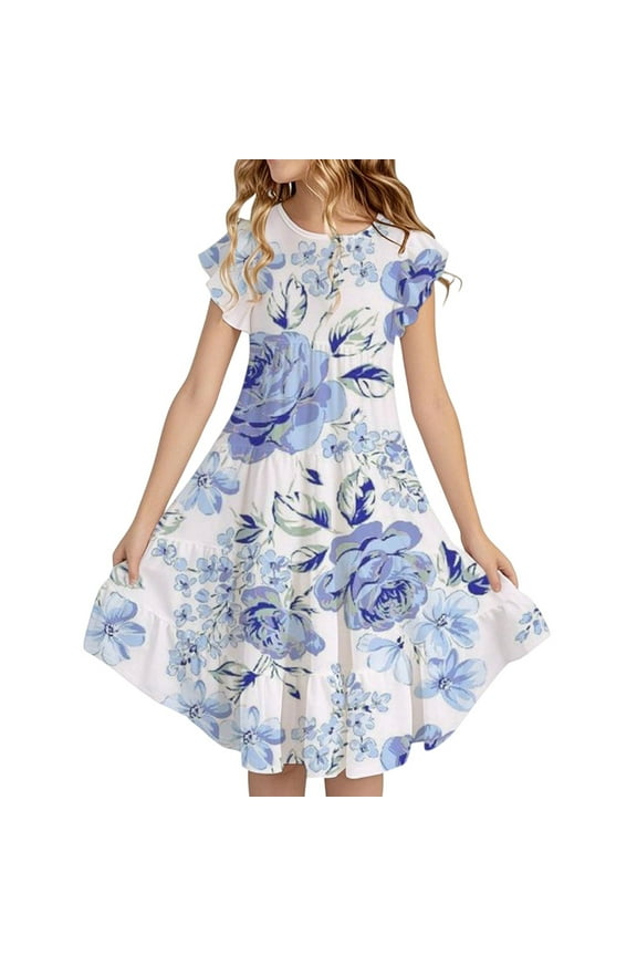 Dresses for Girls 12-14 Fancy Summer Girls' Large Sized Round Neck Flowing Floor Length Light Colored Flower Printed Casual Loose Fitting Long Dress Sky Blue Size 10-11 Years