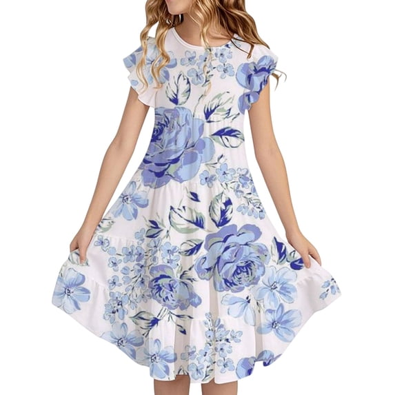 LUOGENLI Dresses for Girls 5-6 Birthday Summer Girls' Large Sized Round Neck Flowing Floor Length Light Colored Flower Printed Casual Loose Fitting Long Dress Sky Blue Size 12-13 Years