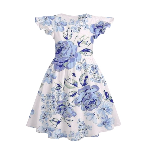 LUOGENLI Dresses for Girls Size 6 Summer Girls' Large Sized Round Neck Patterned Full Print Flowing Sleeve Long Dress with Flowing Hem for Toddlers Sky Blue Size 3-4 Years