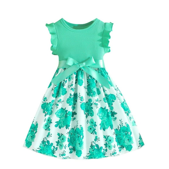 LUOGENLI Girls Dresses Size 7 Summer Toddler Girls Summer Ruffles Sleeveless Floral Prints Ribbed Fashion Dress Clothes Graduation Dresses For Girls Blue Dresses For Girls 8-10 Cute Green Size 7Y