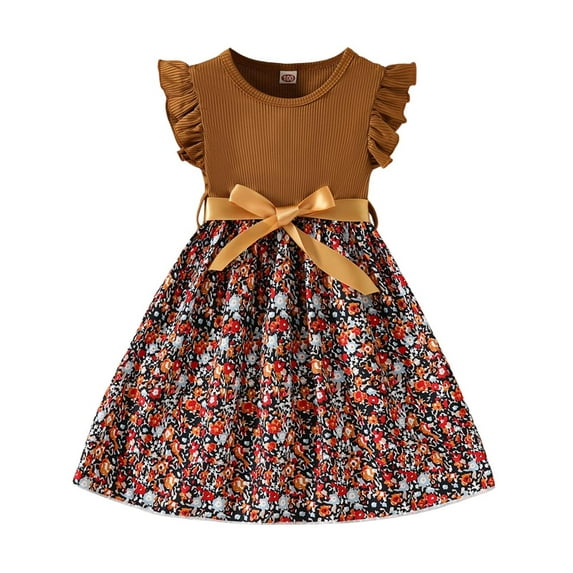 LUOGENLI Dresses for Girls Size 6 Summer Toddler Girls Summer Ruffles Sleeveless Floral Prints Ribbed Fashion Dress Clothes Dresses for Girls Dresses Summer G-Coffee Size 6-7 Years
