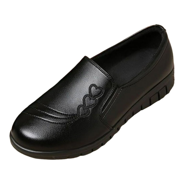 LUOGENLI Female Business Casual Shoes Women Wide Toe Box Ladies Casual Simple Solid Color Soft Leather Loving Heart Printed Lightweight Flat Casual
