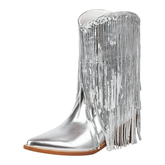 LUOGENLI Female Cowboy Boots for Women Knee High No Heel Women Ankle Boots Fashionable New Pattern Tassel Decoration Pointed Thick Heel Retro Comfortable Shoes Autumn and Winter on 42