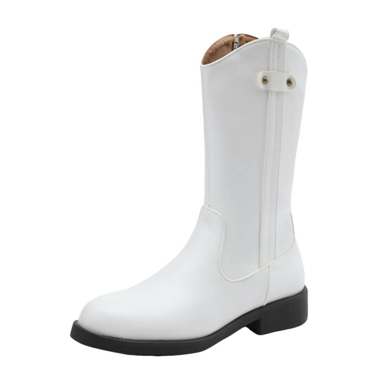 LUOGENLI Female Cowboy Boots for Women Tall Heel Ladies Solid Color Round Toe Flat Heel Large Size Retro Mid Calf Boots Boots Short Boots Western Boots Cowboy Boots for Women Wide Calf