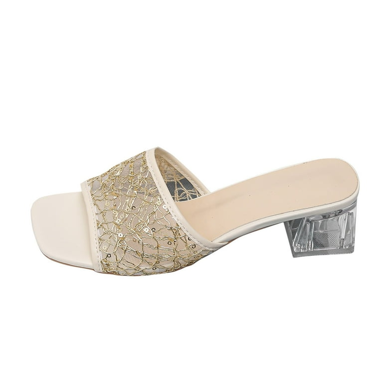 LUOGENLI Female Gold Heels for Women Heel Wide Women s Summer Fashion Square Head Lace Sandals Breathable Casual Slippers White Heels Short with Bow