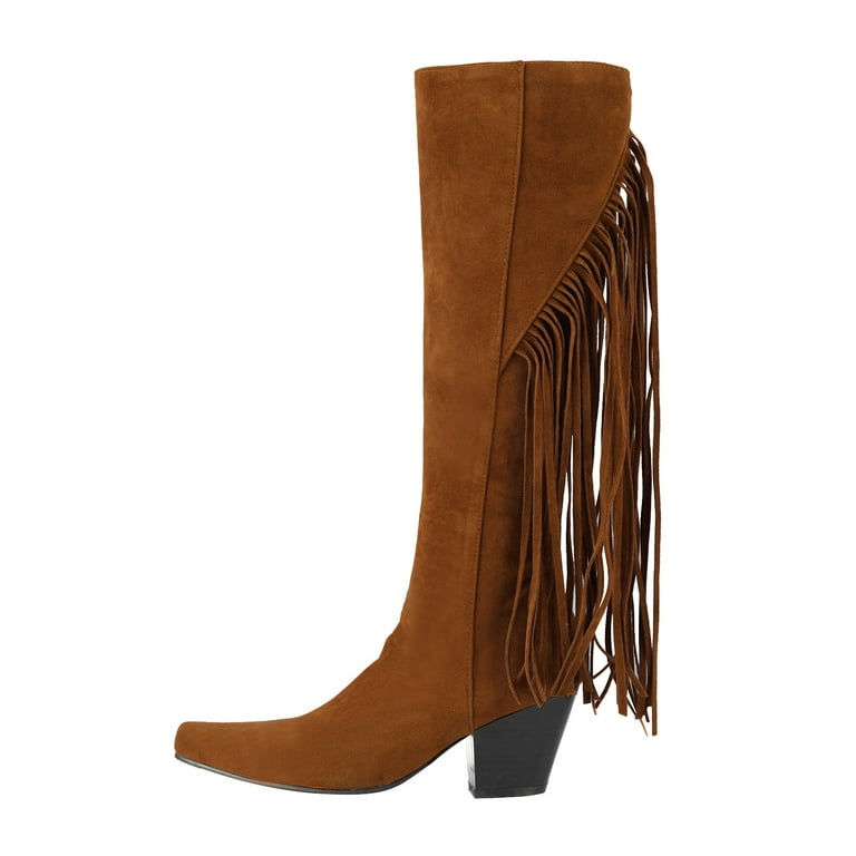 LUOGENLI Female Womens Cowboy Boots Size 12W Ladies Simple Fashion Square Heel Square Toe Solid Color Back Fringe Retro Mid High Boots Womens Cowboy