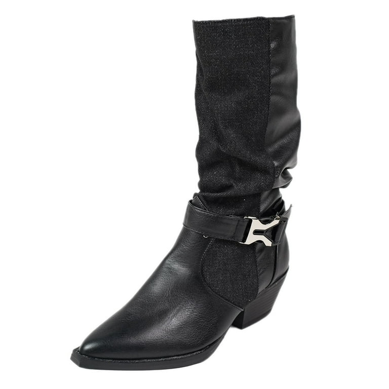 LUOGENLI Female Womens Cowboy Boots Wide Width Size 12 Ladies Colorblocking Casual Pointed Toe Fabric Patchwork Heel Big Size Western Vintage Mid Calf Boots Boots Long Boots 41 Walmart