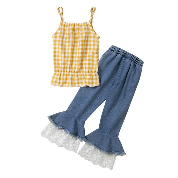 LUOGENLI Girl Summer Outfits Size 8-9 Girl 2 pcs Clothing Set Cute Camisole Top Lace Bell Bottom Jeans 1 to 6 Years Girls Summer Outfits Size 10-12 Girls Summer Outfits 4T 5-6 Years