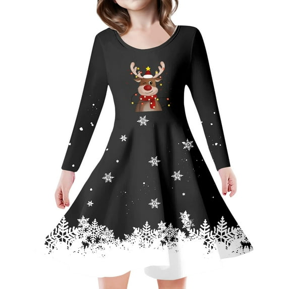 LUOGENLI Girls Dresses 5T Formal Kids Toddler Girls Christmas Trees Deer Print Christmas Long Sleeve Party Princess Dress Baby Girls' Dresses 3-6 Months Summer Dresses for Girls Black 8-9 Years