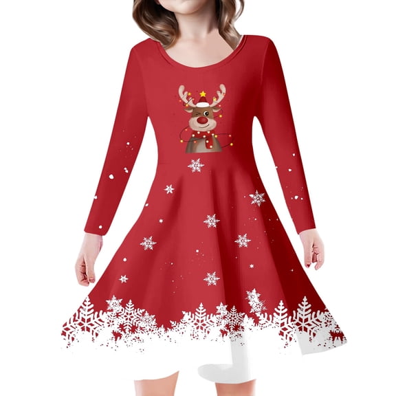 LUOGENLI Girls Dresses 5T Formal Kids Toddler Girls Christmas Trees Deer Print Christmas Long Sleeve Party Princess Dress Baby Girls' Dresses 3-6 Months Summer Dresses for Girls Red 4-5 Years