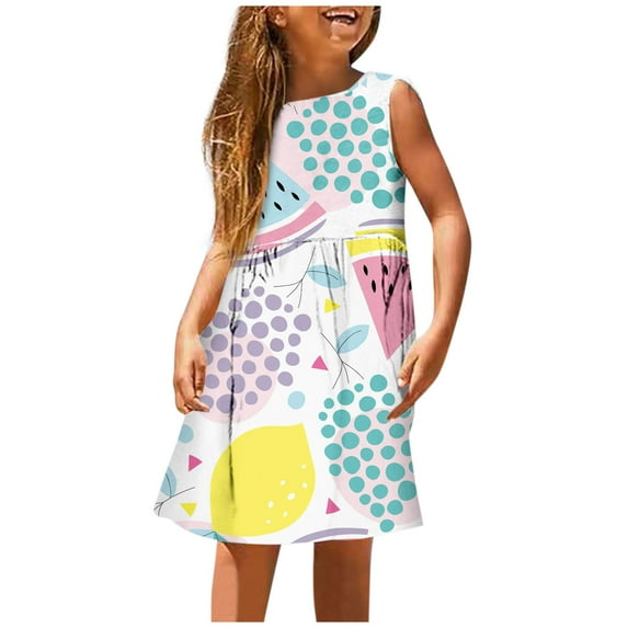 LUOGENLI Girls Dresses 5T with Pockets Girls Fashion Cute Spring and Summer Printed Round Neck Sleeveless Casual Dress Girls Dresses Size 8 Yellow Girls Skirts Size 14-16 7-8