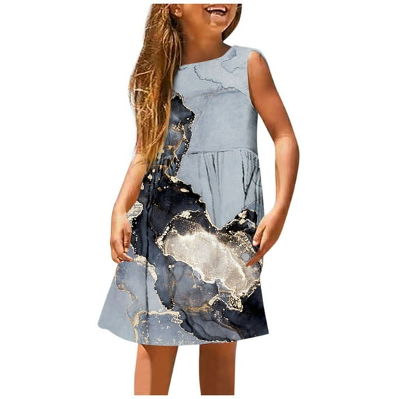 LUOGENLI Girls' Dresses Girls Fashion Cute Spring and Summer Printed Round Neck Sleeveless Casual Dress Dresses for Girls 10-12 Girls Dresses Size 7 Fancy 11-12