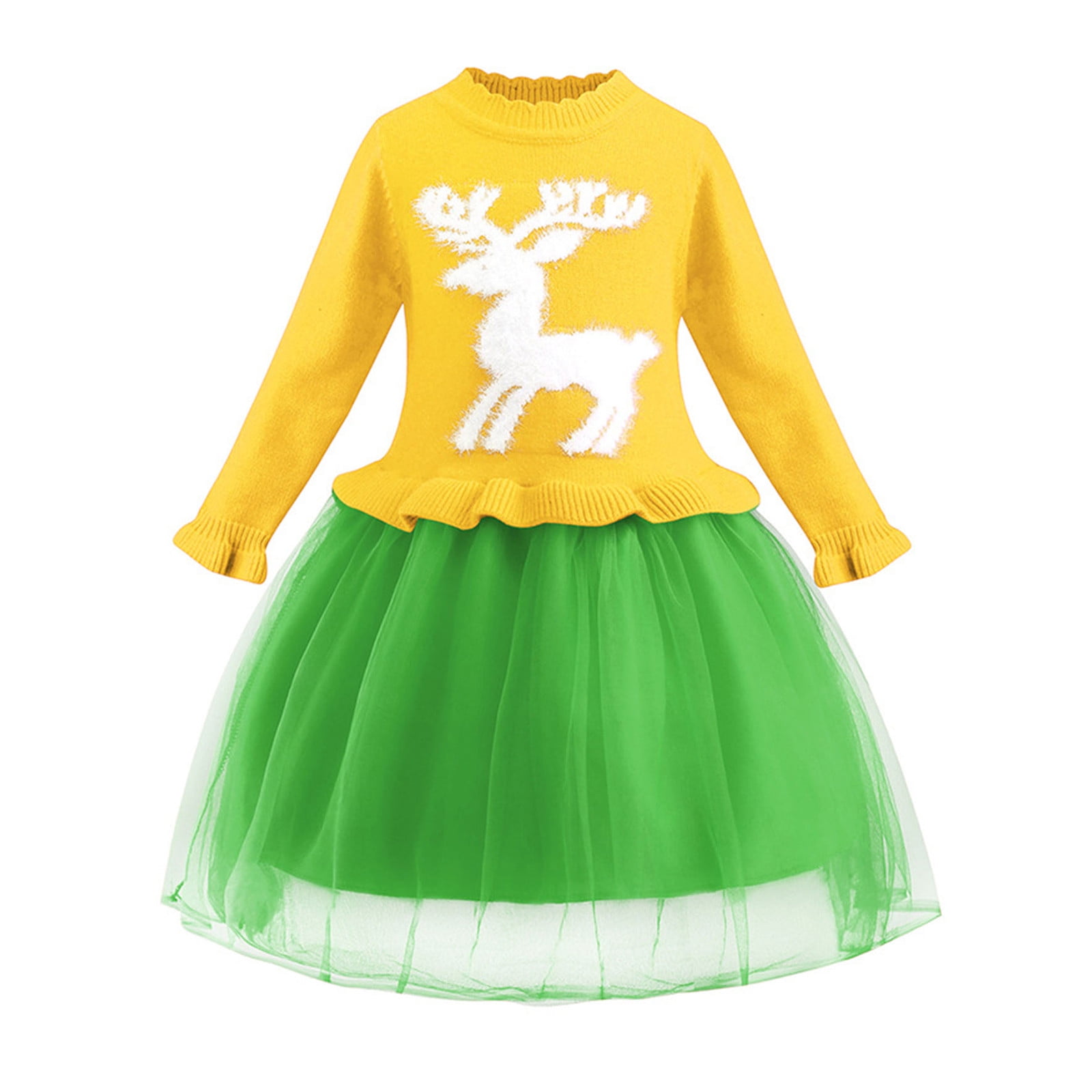 LUOGENLI Girls' Dresses Gold Children Kids Baby Christmas Deer Print Party Knit Tulle Dress Girl Xmas Princess Dress Girls Dresses Size 14-16 Dresses for Girls 7-8 Years Old 7 Years