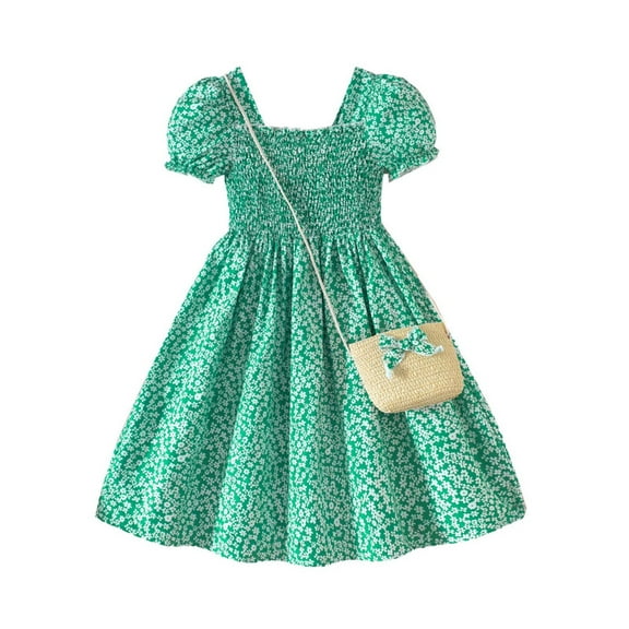 LUOGENLI Girls Dresses Size 10-12 Blue Summer Children's Dress Set for Girls and Boys Featuring A Ruffled Design with Floral Prints For. Comes with A Matching Bag. Green Size 9-10 Years