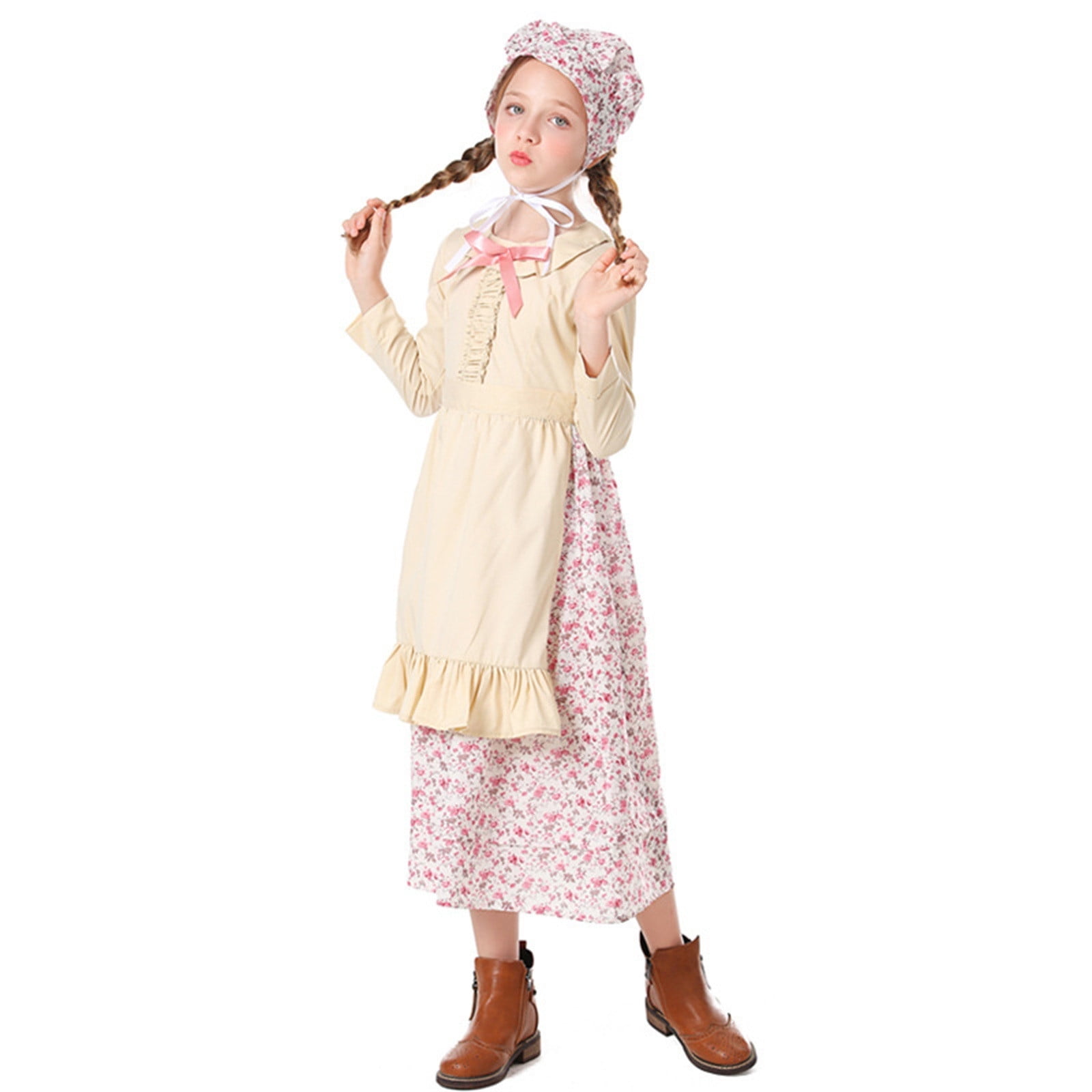 LUOGENLI Girls Dresses Size 14 16 Fancy Kids Girls Fancy Dress Floral Print Long Sleeves Dress Apron Hat Set Dresses for Girls 12 14 Fancy Formal