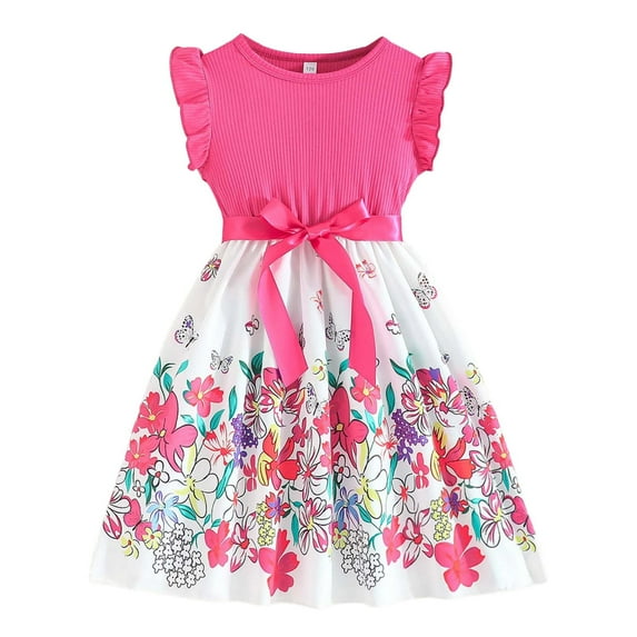 LUOGENLI Girls Dresses Size 14-16 Toddler Girls Summer Ruffles Sleeveless Floral Prints Ribbed Fashion Dress Clothes Girls Dresses Size 7-8 Girls Dresses Size 6X-7 Fancy Dress 5-6 Years