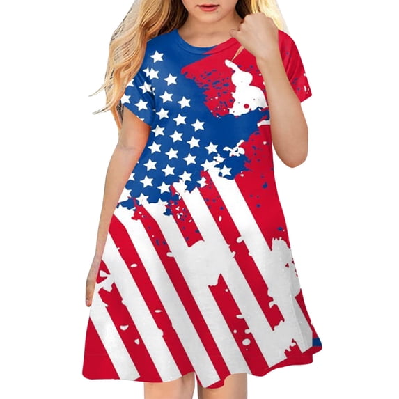 LUOGENLI Girls Dresses Size 5-6 Toddler Kids Girl Fourth Of July Independent Day Star Stripes Prints Short Sleeves Party Costome Princess Dress Tween Dresses For Girls Size 14-16 9-10 Years