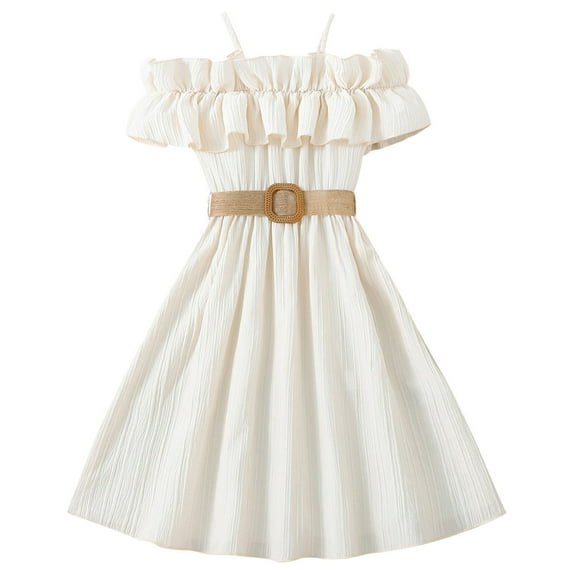 LUOGENLI Girls Dresses Size 6-7 Child Dress Spring Summer Strap Ruffles Solid Color Princess Girls Casual Dress with Belt Girls Dresses Size 7-8 Summer Girls Dress Size 10 Semi Formal White 8-9 Years