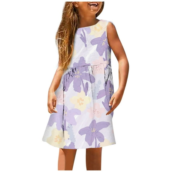 LUOGENLI Girls Dresses Size 7-8 Girls Fashion Cute Spring and Summer Printed Round Neck Sleeveless Casual Dress Girls Dresses Size 10-12 Purple Girls Dresses Size 14-16 3-4