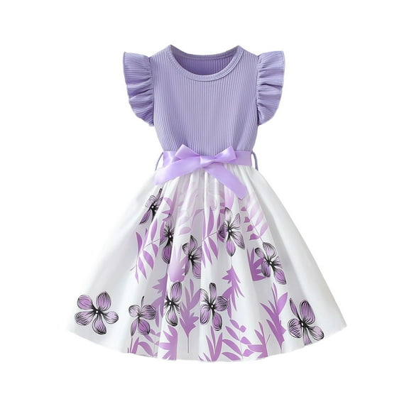 LUOGENLI Girls Dresses Size 7 Summer Toddler Girls Summer Ruffles Sleeveless Floral Prints Ribbed Fashion Dress Clothes Graduation Dresses For Girls Blue Dresses For Girls Cute Light Purple Size 120