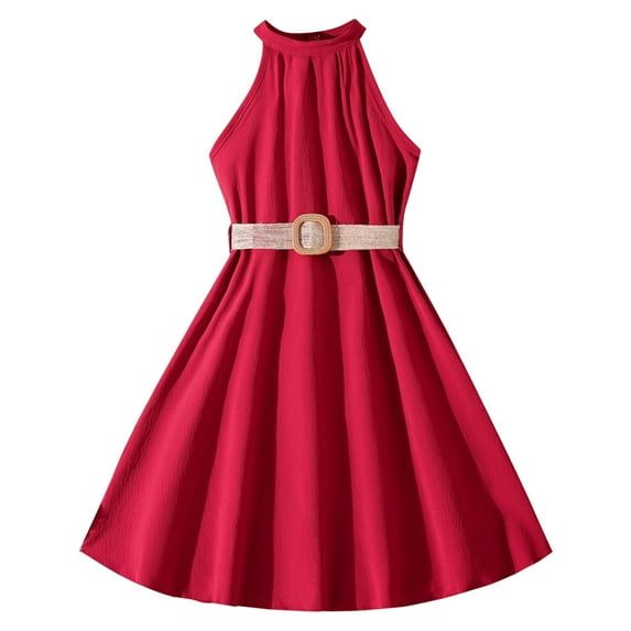 LUOGENLI Girls Dresses Size 6-7 Child Dress Spring Summer Strap Ruffles Solid Color Princess Girls Casual Dress with Belt Girls Dresses Size 7-8 Summer Girls Dress Size 10 Semi Formal Red 8-9 Years