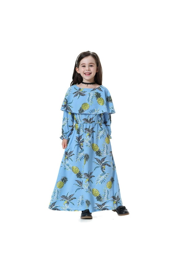 Girls Dresses Size 8 School Girls Ethnic Floral Print Long Sleeve Dress Arabic Middle Traditional Outfit Southeast Asian Casual Tunic for Kids Daily Wear Blue Size 8-9 Years