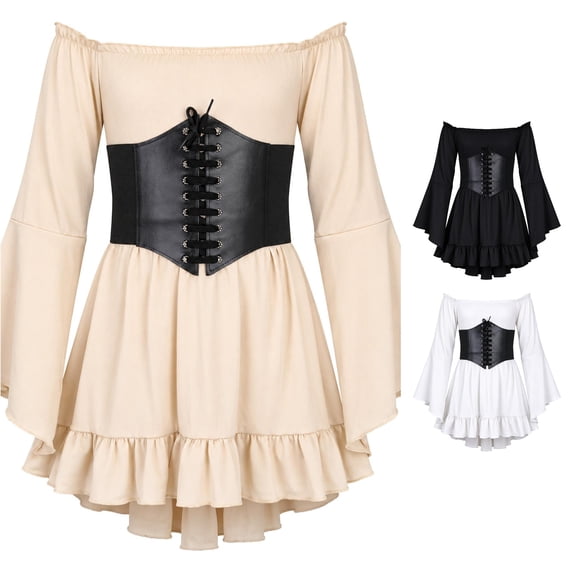 LUOGENLI Girls Fashion Girls Pirate Dress off Shoulder Bell Sleeve High Low Ruffle Hat Halloween Cosplay Beige 9-10 Years