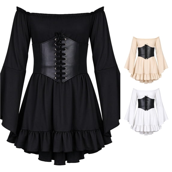 LUOGENLI Girls Fashion Girls Pirate Dress off Shoulder Bell Sleeve High Low Ruffle Hat Halloween Cosplay Black 4-5 Years