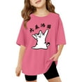 thumbnail image 1 of LUOGENLI Girls' Graphic T Shirt Casual Loose Fit Short Sleeve Tee with Cat and Letter Print Comfortable Top for Toddler and Youth Size 5-6 Years, 1 of 4