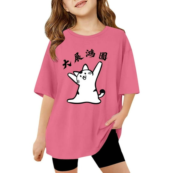 LUOGENLI Girls' Graphic T Shirt Casual Loose Fit Short Sleeve Tee with Cat and Letter Print Comfortable Top for Toddler and Youth Size 5-6 Years