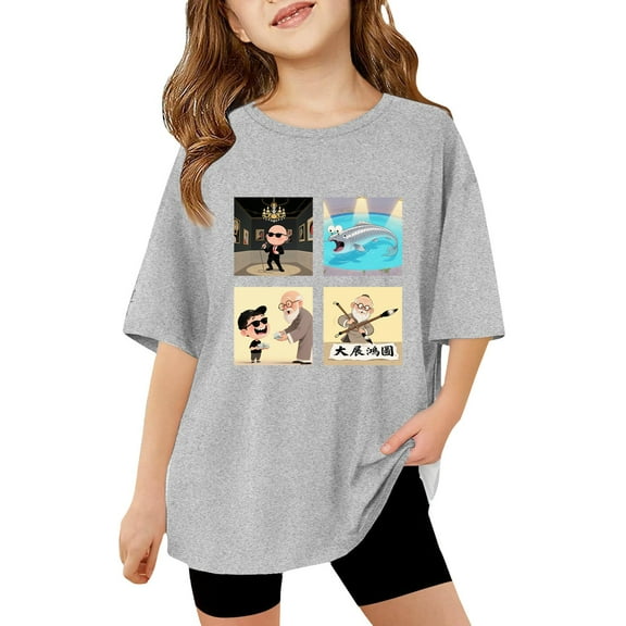 LUOGENLI Girls Graphic T-shirt Casual Loose Fit Short Sleeve Tops for Teen and Toddler Girls Comfortable Tee Shirts Grey Size 7-8 Years