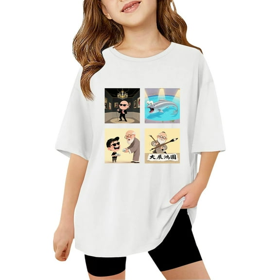 LUOGENLI Girls Graphic T-shirt Casual Loose Fit Short Sleeve Tops for Teen and Toddler Girls Comfortable Tee Shirts White Size 5-6 Years