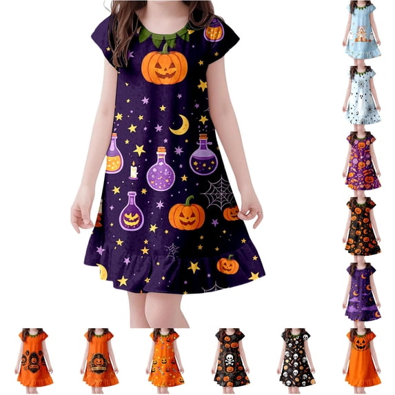 LUOGENLI Girls Halloween Fly‑Sleeve Nightgown Dress, Kids Pumpkin All‑Over‑Print Sleep Dress, Loose A‑Line Casual Home Loungewear for Little Girls Summer Wear Purple-d 3-4 Years