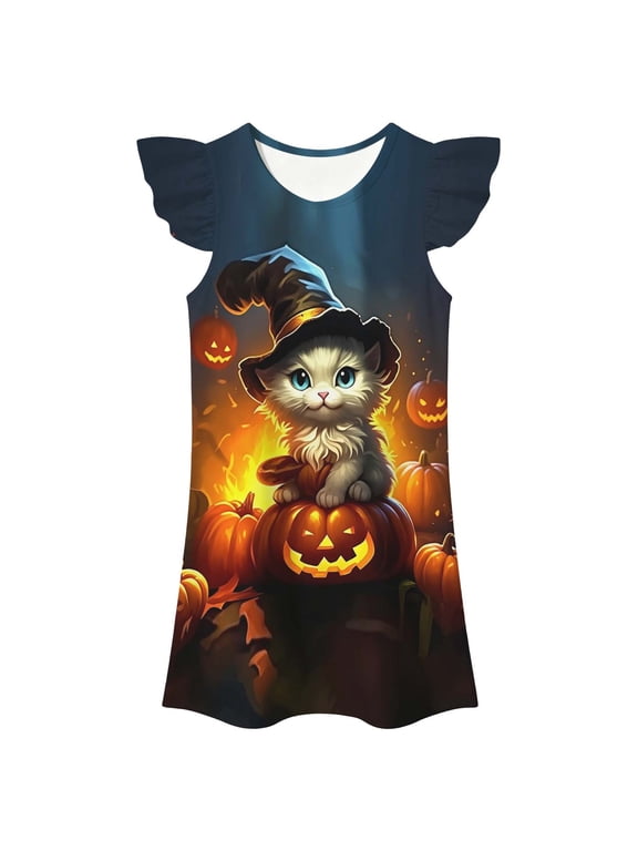 Girls Halloween Fly‑Sleeve Nightgown Dress, Kids Pumpkin All‑Over‑Print Sleep Dress, Loose A‑Line Casual Home Loungewear for Little Girls Summer Wear
