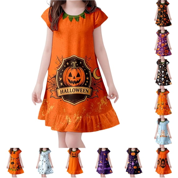 LUOGENLI Girls Halloween Fly‑Sleeve Nightgown Dress, Kids Pumpkin All‑Over‑Print Sleep Dress, Loose A‑Line Casual Home Loungewear for Little Girls Summer Wear Orange-g 3-4 Years