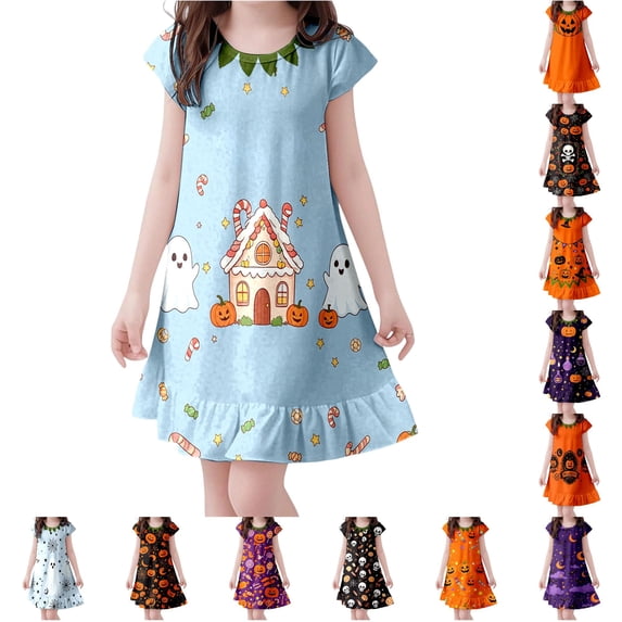 LUOGENLI Girls Halloween Fly‑Sleeve Nightgown Dress, Kids Pumpkin All‑Over‑Print Sleep Dress, Loose A‑Line Casual Home Loungewear for Little Girls Summer Wear Sky Blue-e 8-9 Years
