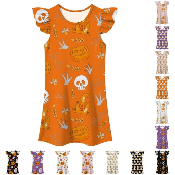 LUOGENLI Girls Halloween Fly‑Sleeve Nightgown, Kids Pumpkin Print A‑Line Sleep Home Dress a-Orange 3-4 Years