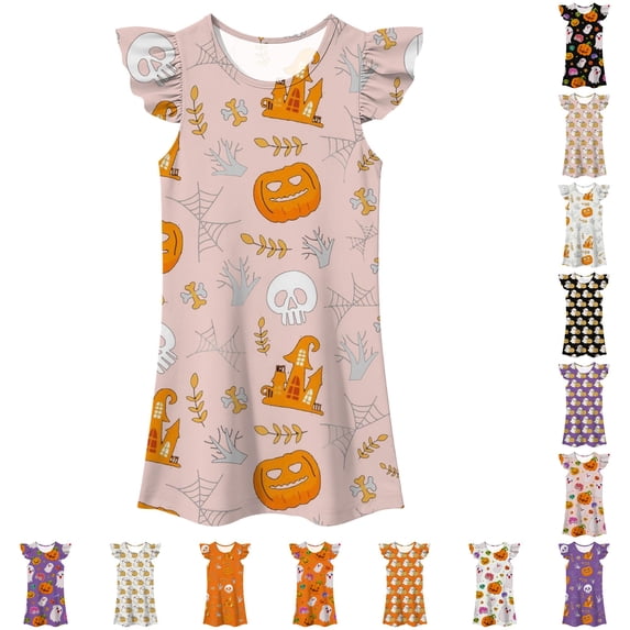 LUOGENLI Girls Halloween Fly‑Sleeve Nightgown, Kids Pumpkin Print A‑Line Sleep Home Dress a-Pink 9-10 Years